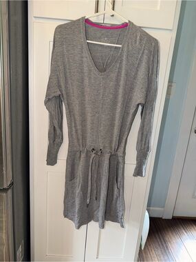 Athleta Grey V-Neck Drawstring Sweatshirt Dress - Pink Trim